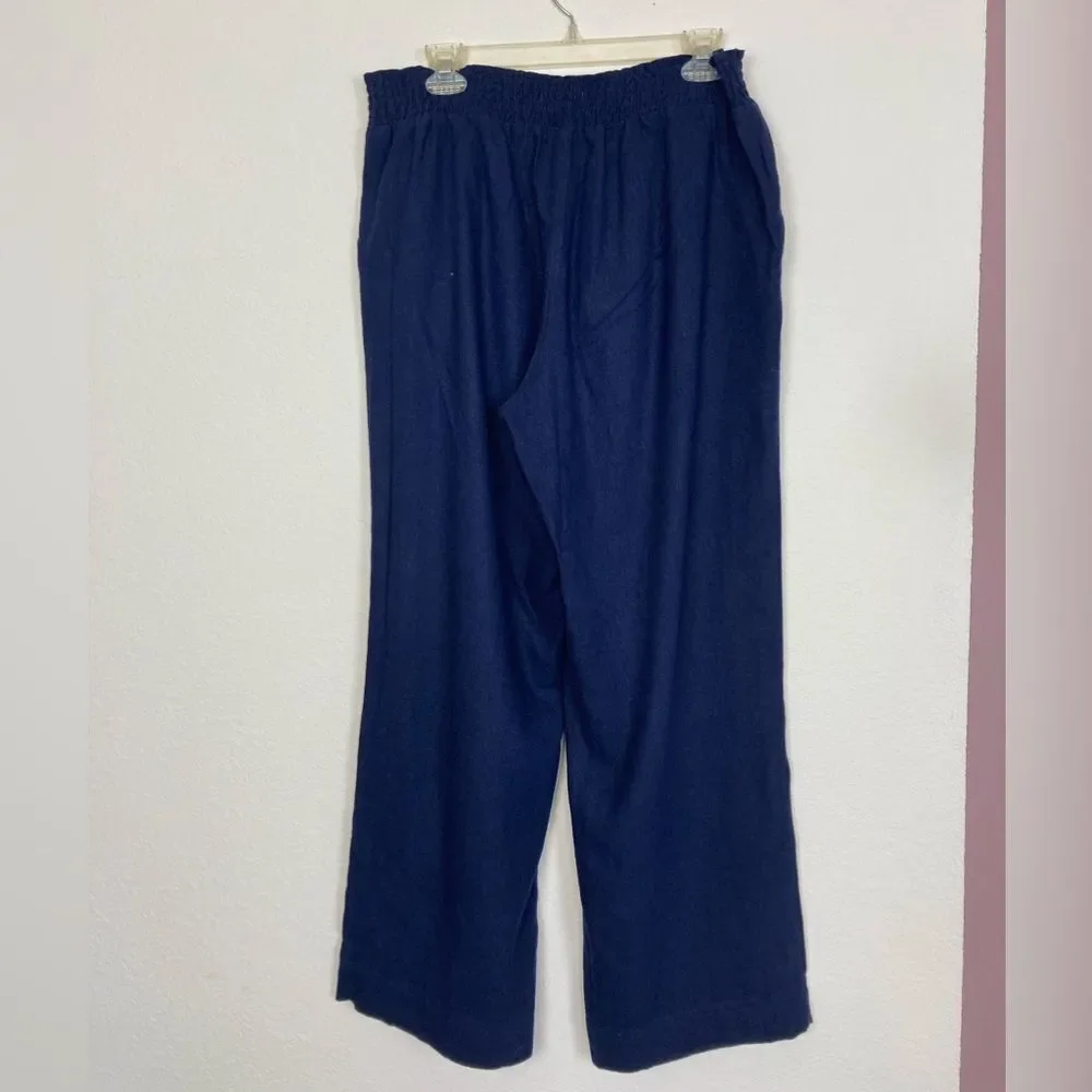 Land ‘ N Sea Navy linen high waist Wide-Leg Pants w/pockets & elastic waist